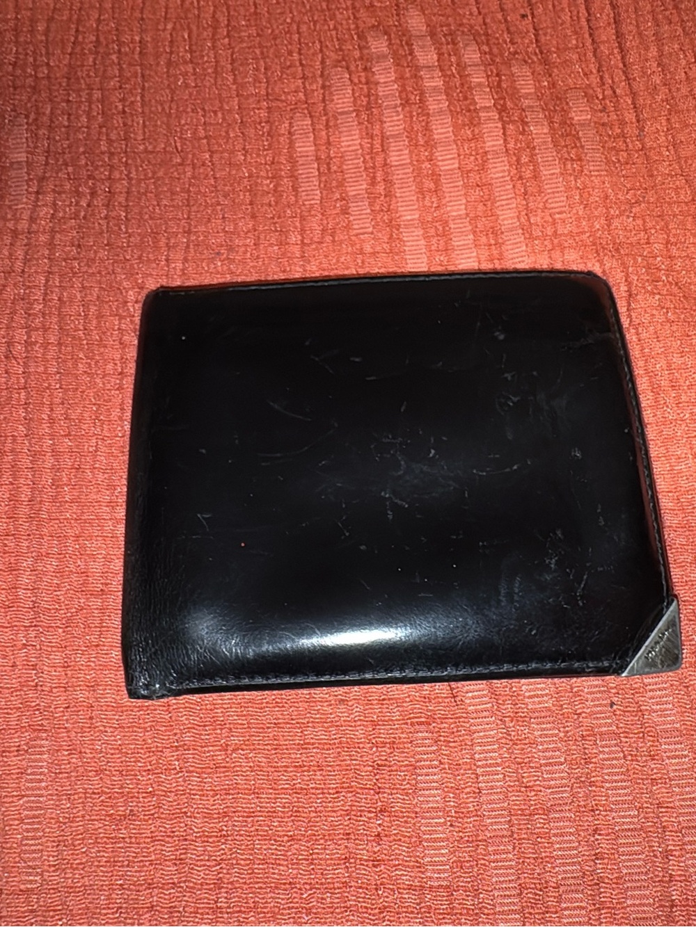 Prada Black Leather Men's Bi-Fold Wallet with Metal Corner